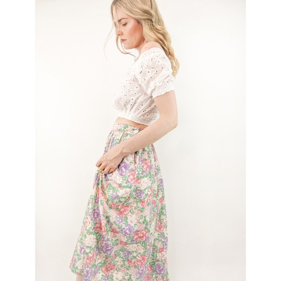 Vintage Dresses & Skirts - 80s Floral High Waisted Pleated Midi Skirt